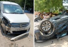 गंगाबैराज पर तेज रफ्तार दो कारों की टक्कर में कई घायल, 30 मीटर तक पलटते हुए मैगी प्वाइंट में जा घुसी कार