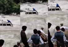 उफनती नदी में गिर गई गाड़ी, बोनट पर चढ़कर जान बचाता दिखा चालक