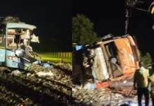 मथुरा में यमुना एक्सप्रेसवे पर दो बसों और कैंटर की टक्कर, कई यात्री घायल